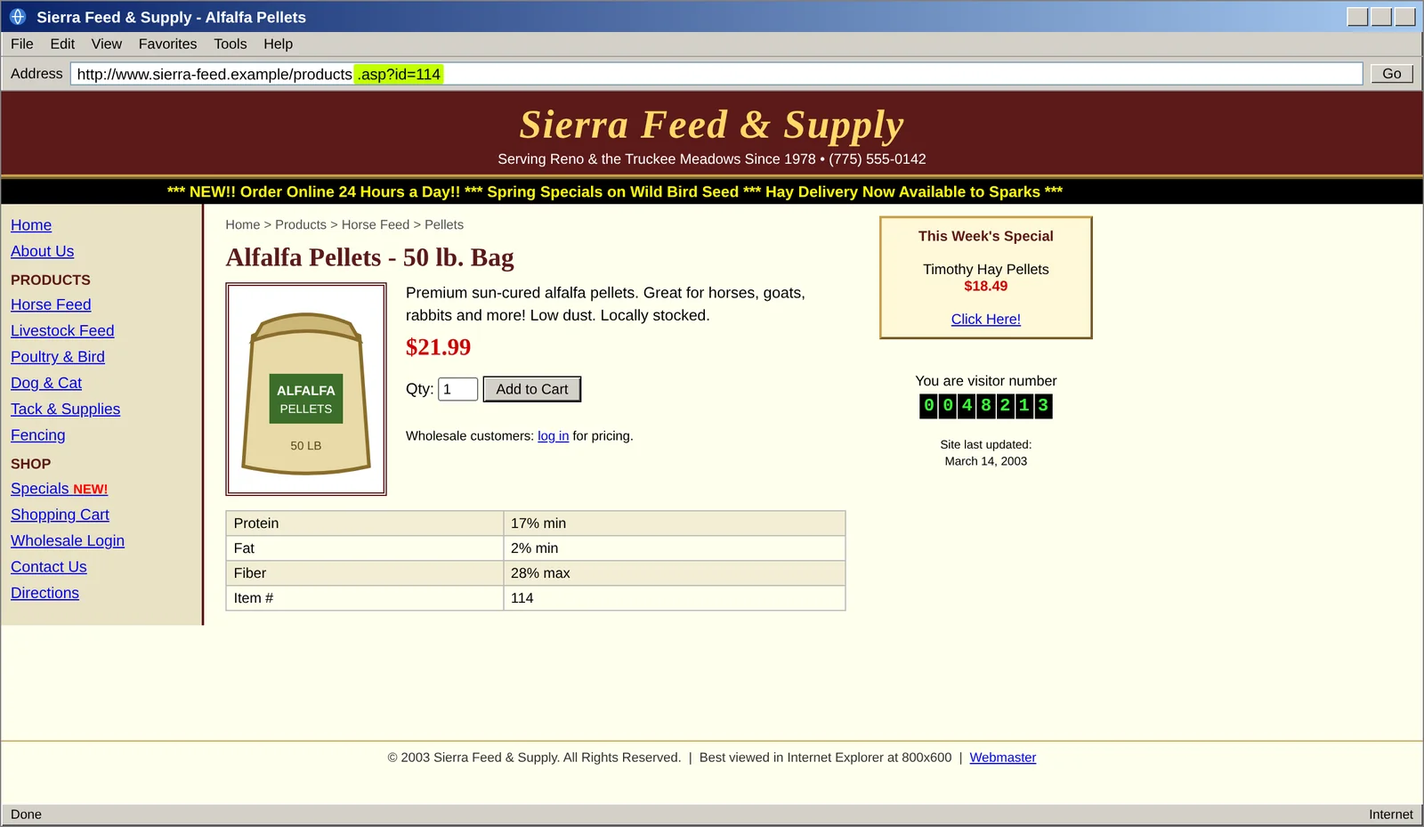 Mock-up of an early-2000s feed store product page at products.asp?id=114 with a hit counter and an Internet Explorer note
