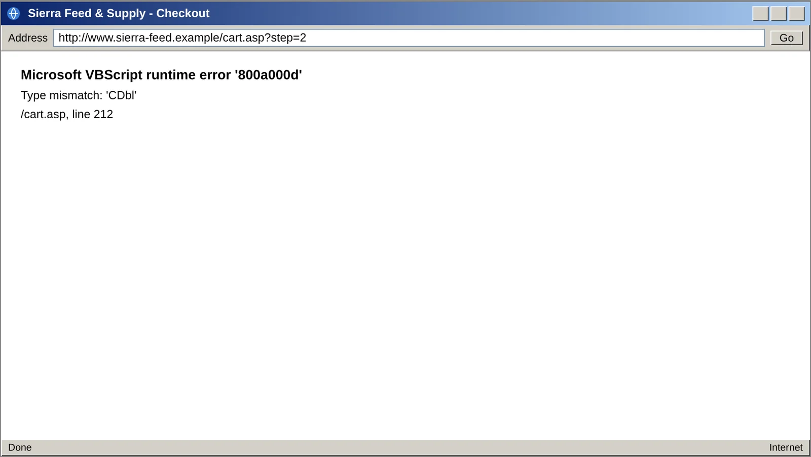 Raw server error page shown to a customer during checkout on an old ASP site