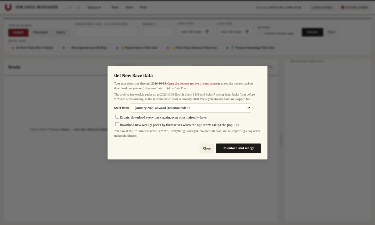 The Get New Race Data window