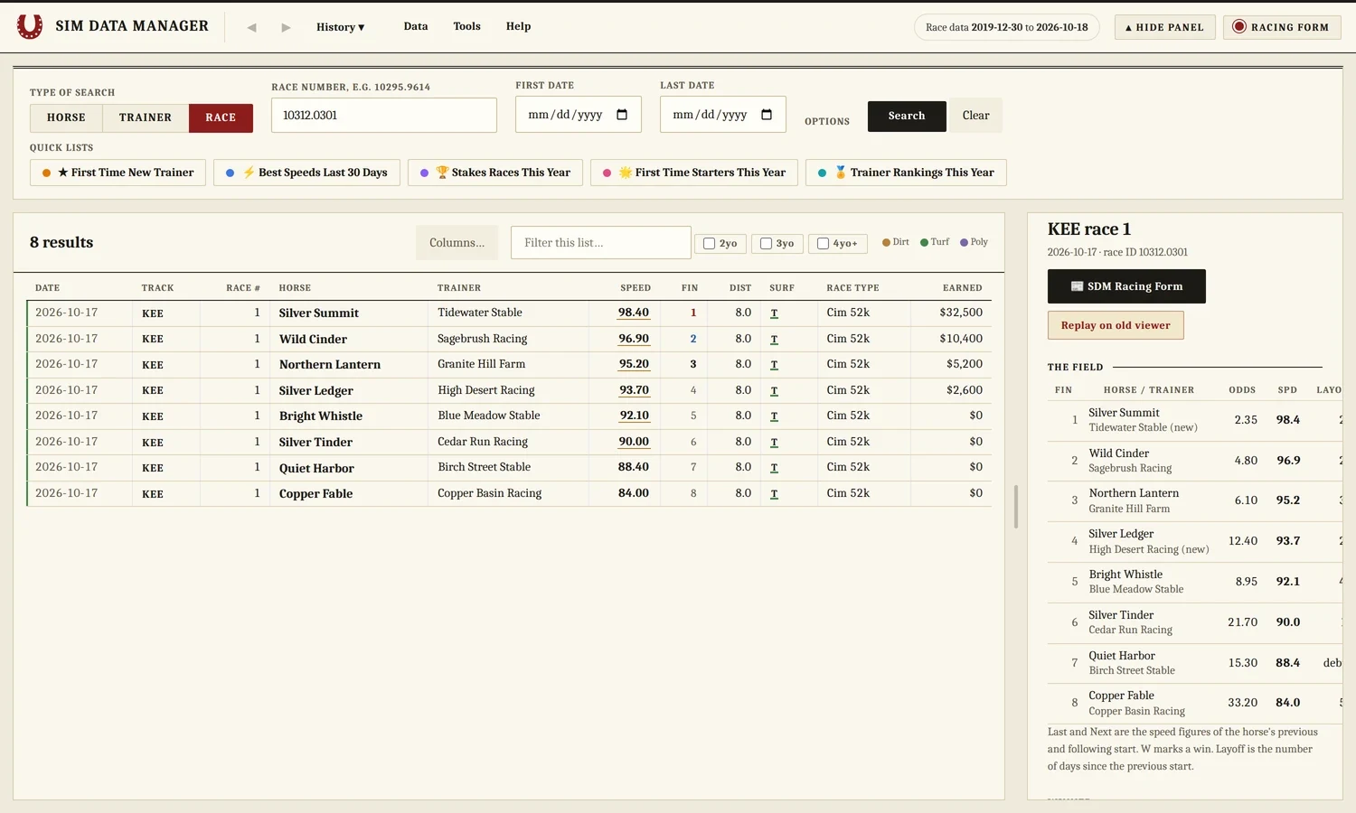 Sim Data Manager showing one race, its field and the winner