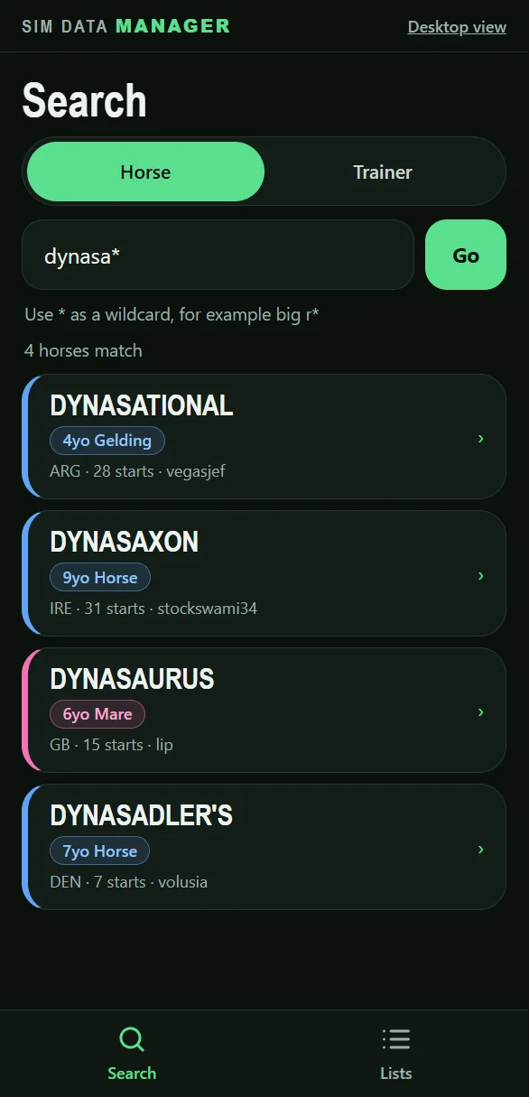 Horse search on the phone, with Dynasational at the top