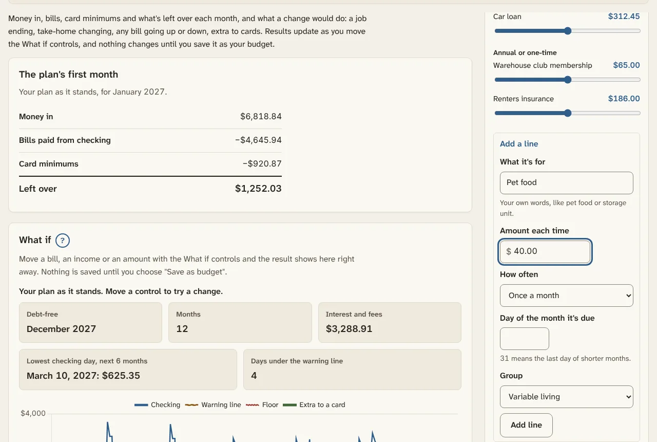 Add a line: name your own expense and it joins the budget.