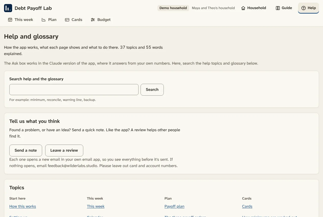 Help: a topic for every page, a glossary and search.