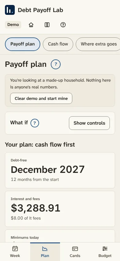 Payoff plan on a phone. The What if controls fold behind Show controls.