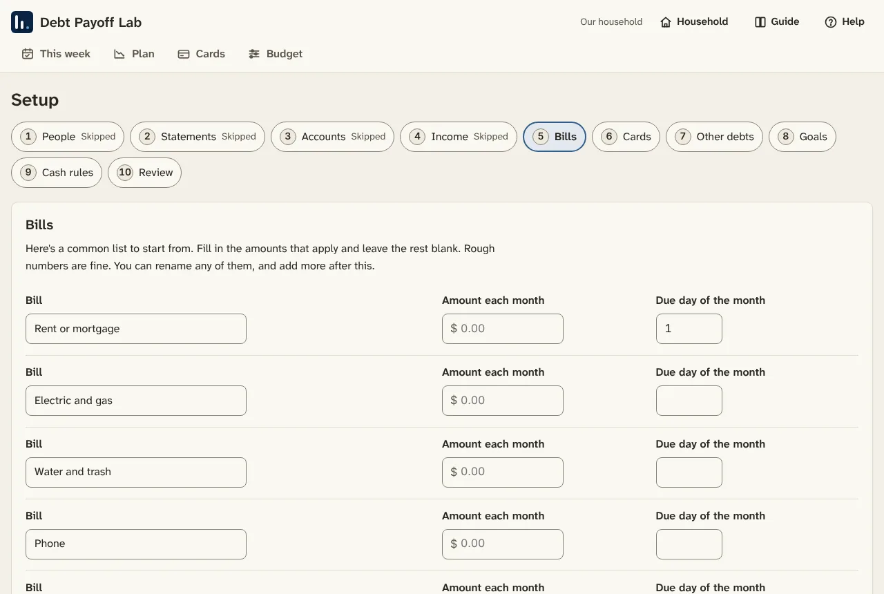 Step 5: start from a common bill list.
