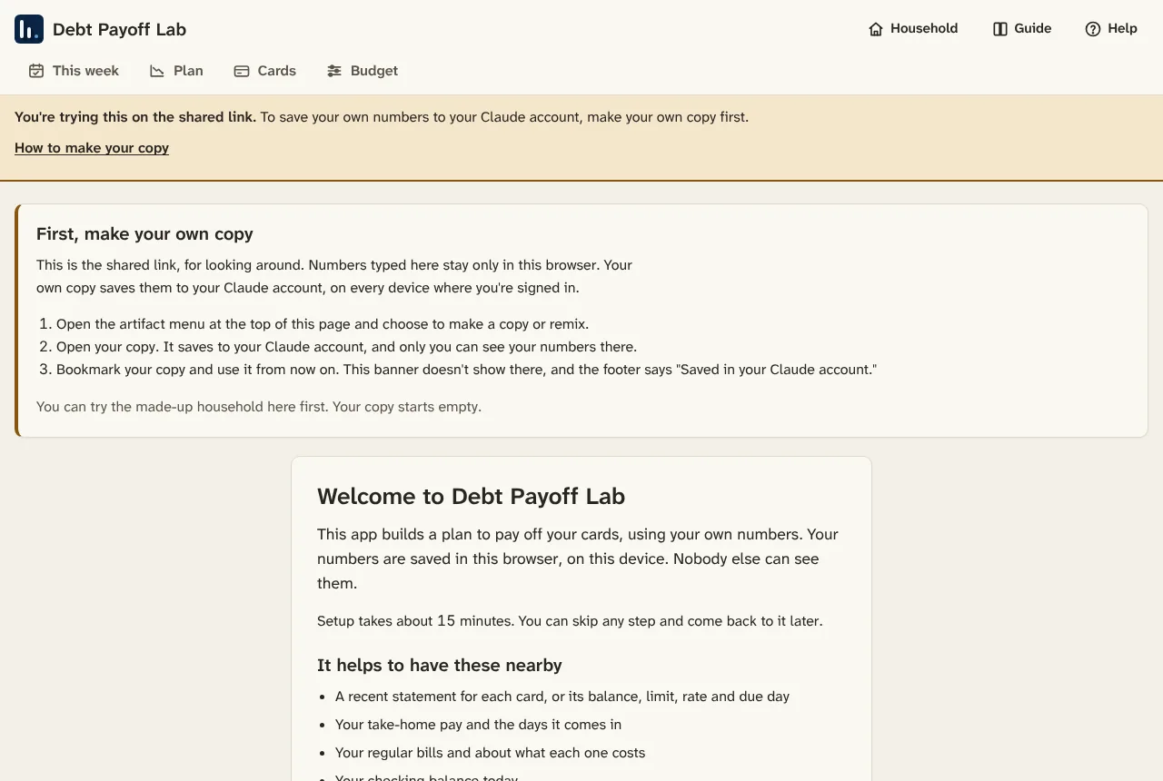 The shared link's welcome page, with a yellow banner and the steps to make your own copy.