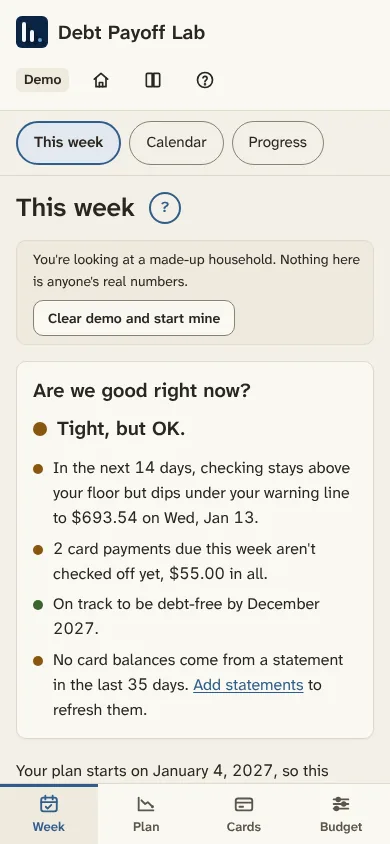 This week on a phone: quick checks on whether checking stays above the floor and which payments are due.