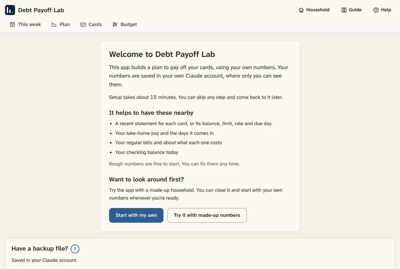 The welcome page, before anything is saved.