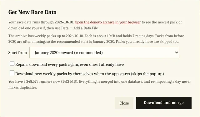 The Get New Race Data dialog with the Start from list, the Repair box and the box that downloads new packs when the app starts