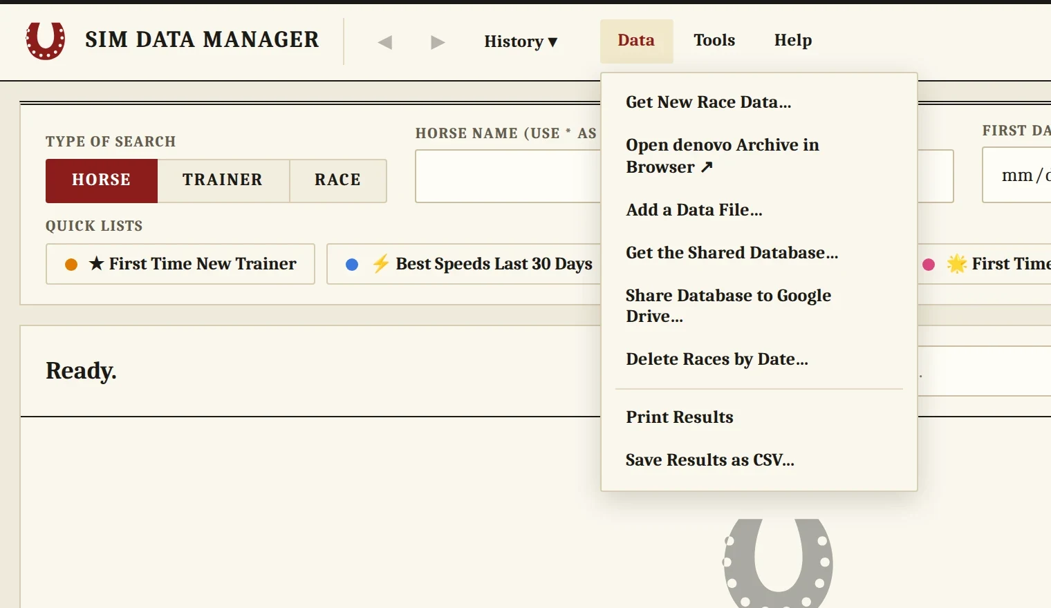 The Data menu open in Sim Data Manager