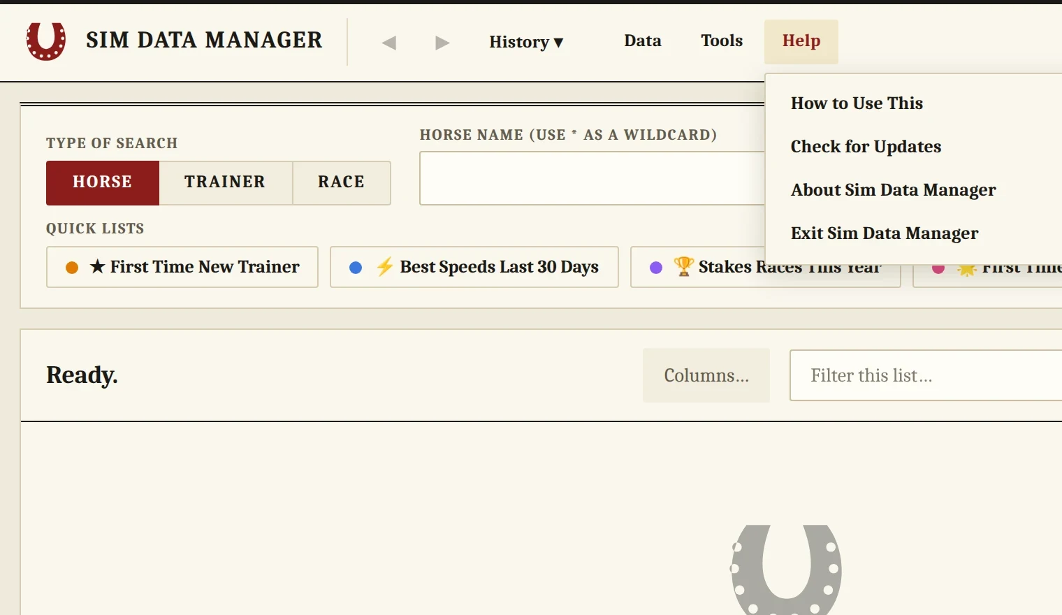 The Help menu open in Sim Data Manager