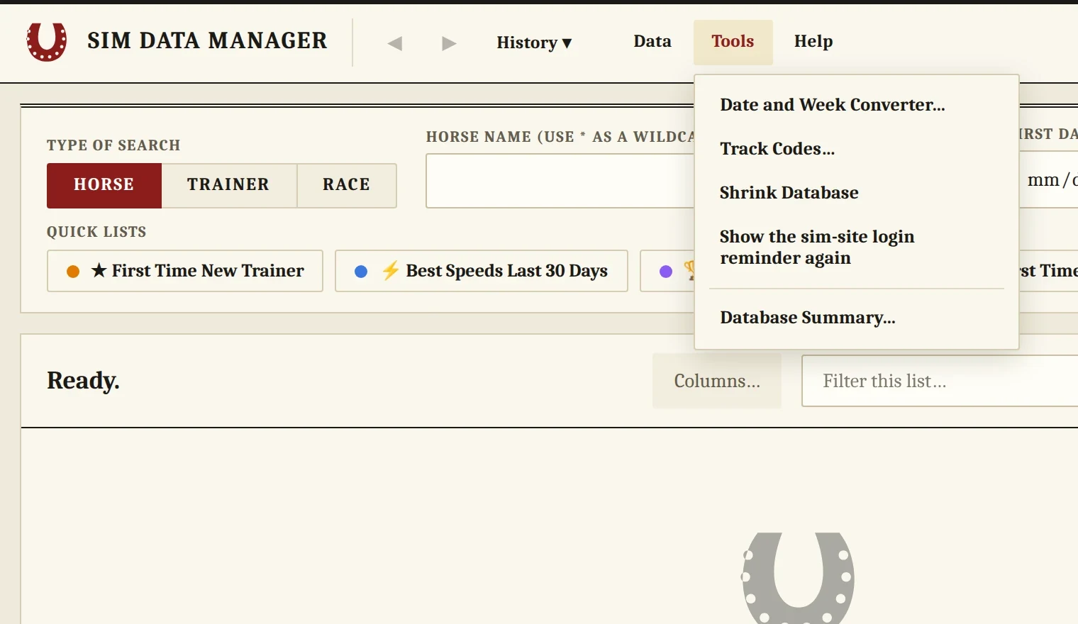 The Tools menu open in Sim Data Manager
