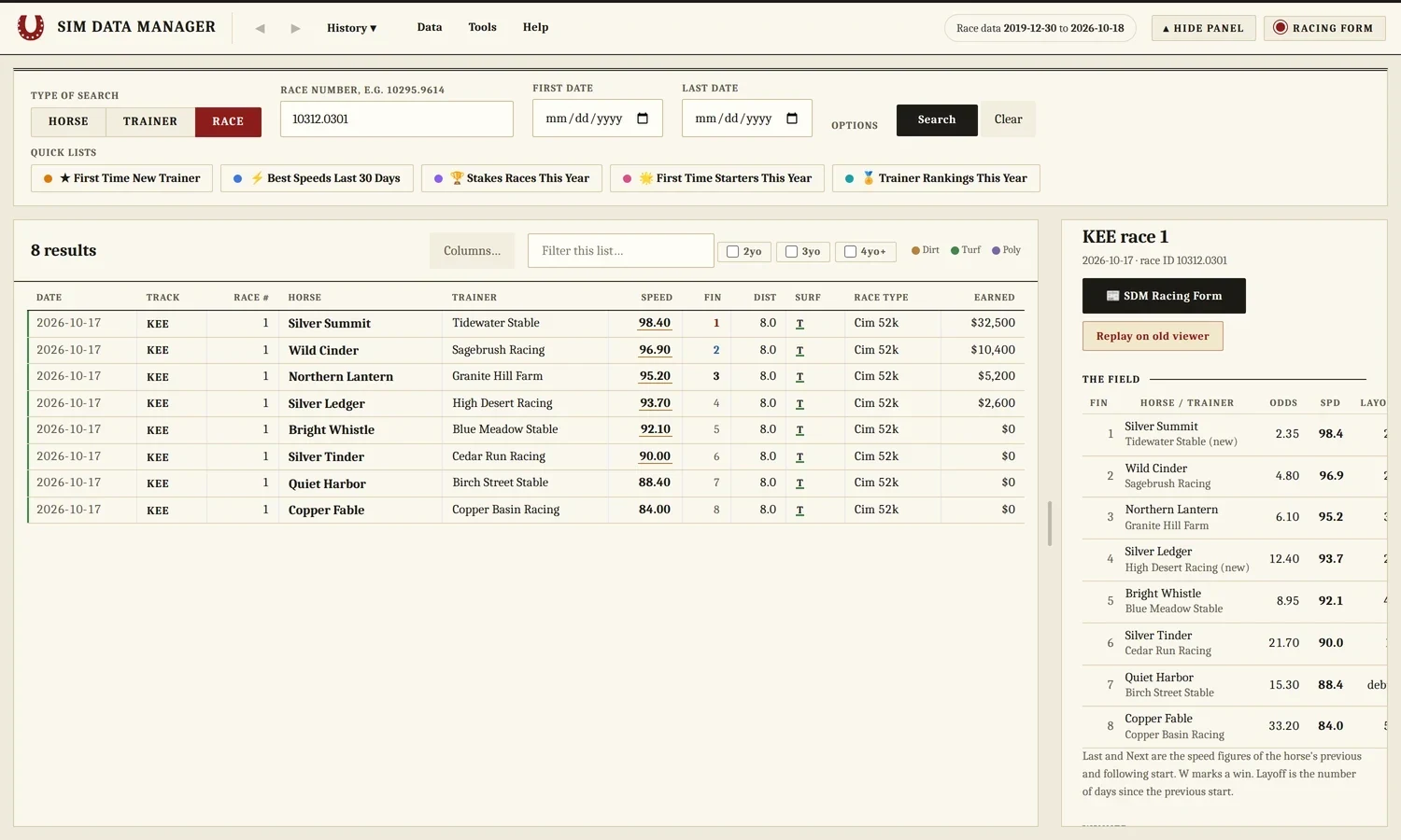 A race search showing eight runners in finishing order and the race panel